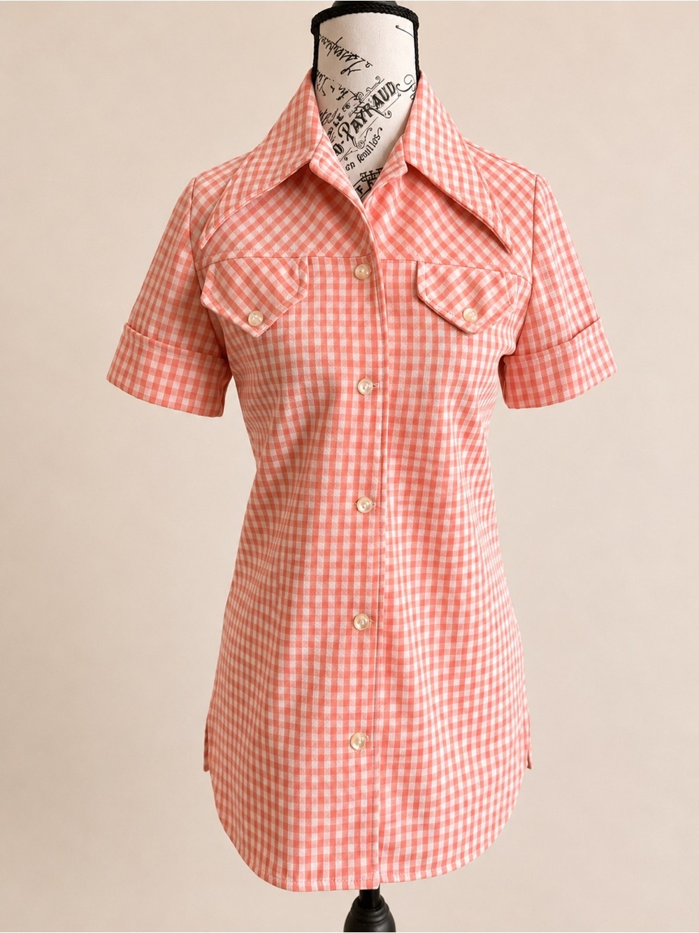 Vintage 70s Peach Gingham Dagger Collar Button Down Shirt Western Blouse Mod